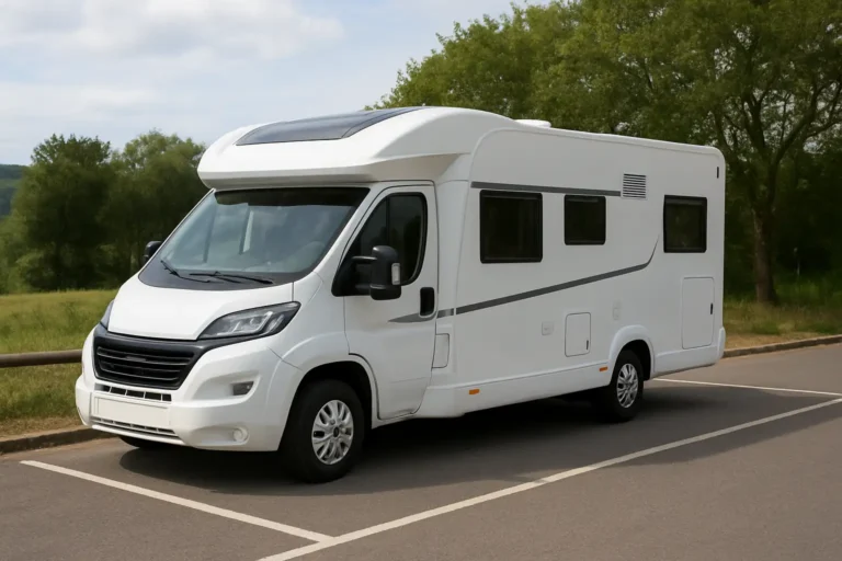 Camping-car Bavaria moderne garé sur une aire de stationnement