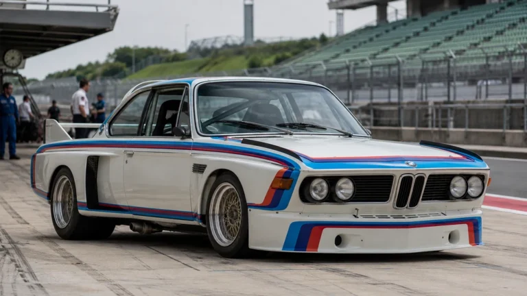 BMW 3.0 CSL Batmobile blanche en livrée Motorsport sur une pit-lane de circuit
