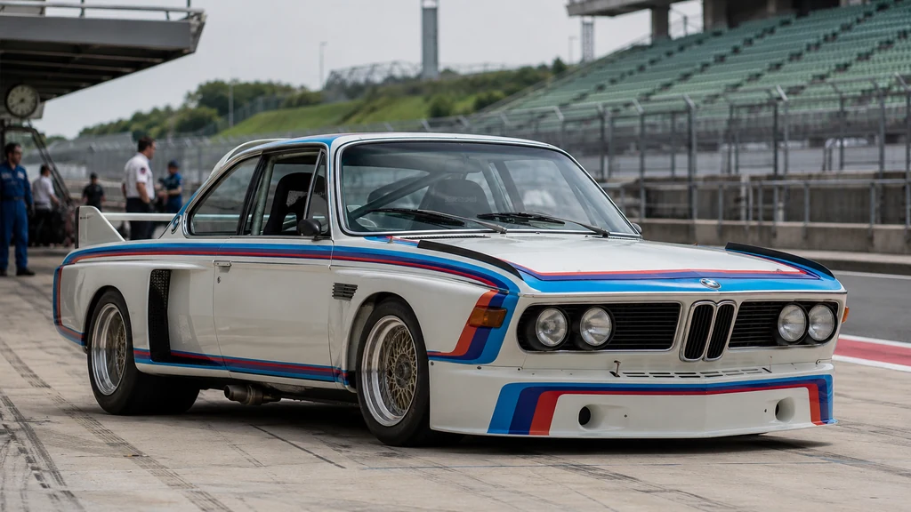 BMW 3.0 CSL Batmobile blanche en livrée Motorsport sur une pit-lane de circuit