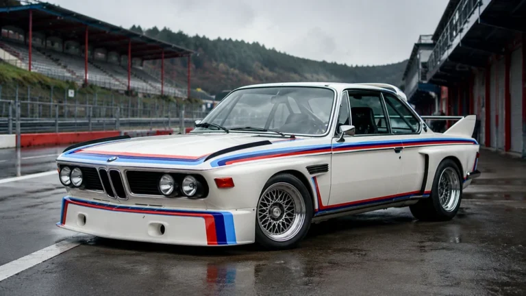 BMW E9 3.0 CSL Batmobile blanche avec livrée Motorsport sur une voie des stands de circuit