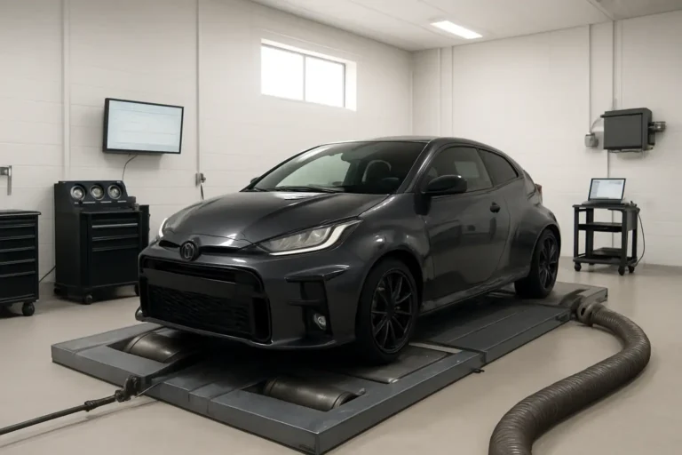 Voiture sur banc de puissance dans un atelier de reprogrammation moteur