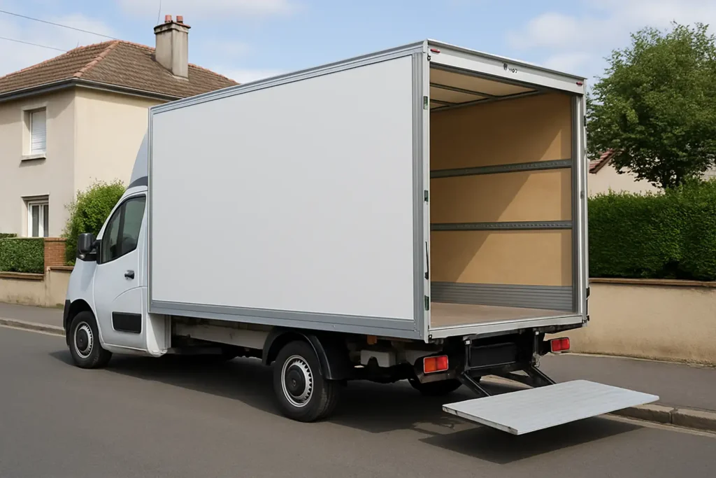 Camion 20m3 blanc stationné sur une rue résidentielle, portes arrière ouvertes sur la caisse vide