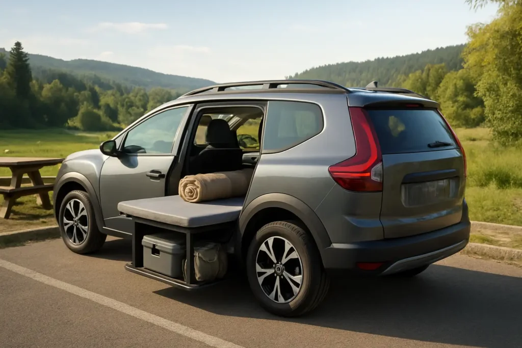 Dacia aménagé pour le camping léger sur une aire de repos