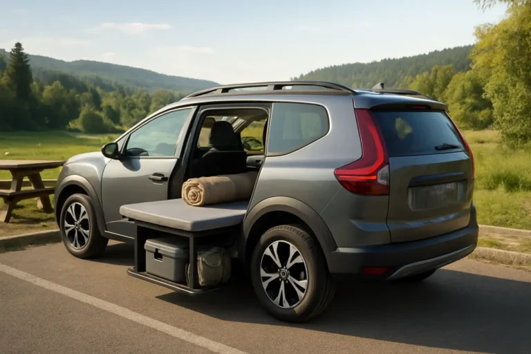 Dacia aménagé pour le camping léger sur une aire de repos