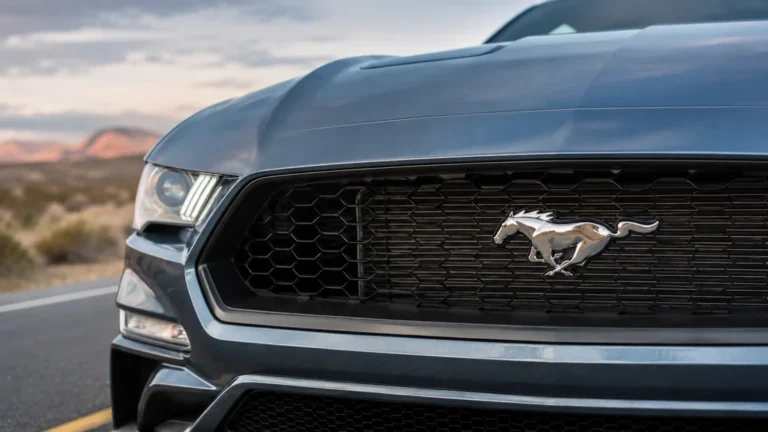 Logo cheval Mustang chromé sur la calandre noire d’une Ford Mustang moderne