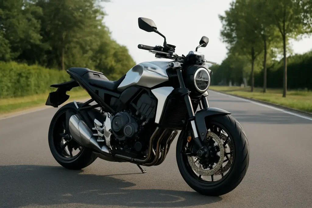 Honda CB1000R moderne vue trois-quarts avant sur une route lumineuse