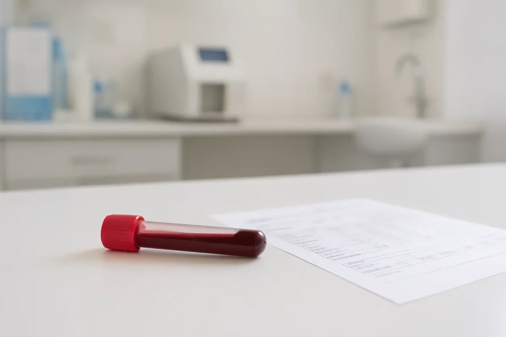 Prise de sang CDT dans un laboratoire d’analyses médicales, avec tube et résultats biologiques