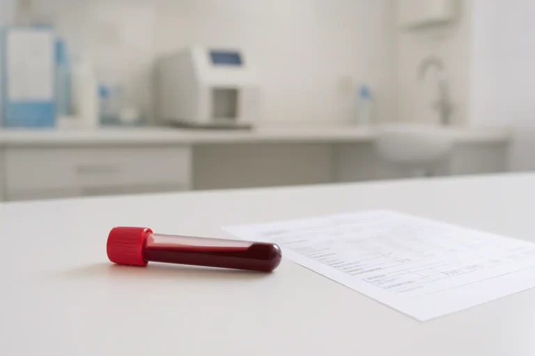 Prise de sang CDT dans un laboratoire d’analyses médicales, avec tube et résultats biologiques