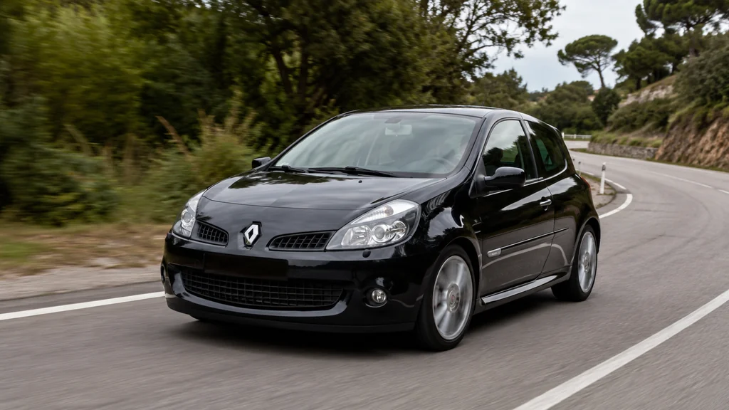Renault Clio 3 GT noire roulant sur une route sinueuse bordée d’arbres.