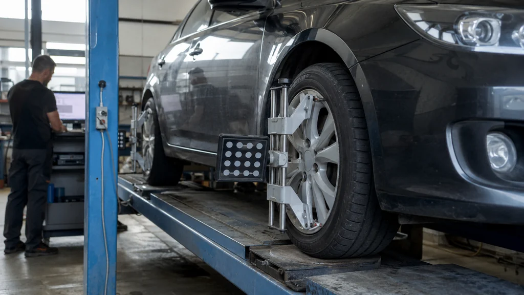Contrôle du parallélisme d'une voiture sur un banc de géométrie dans un atelier automobile.