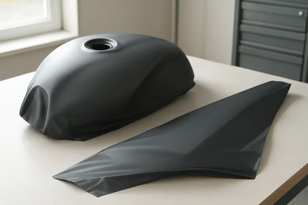 Réservoir et carénage de moto partiellement recouverts d’un film vinyle mat gris anthracite