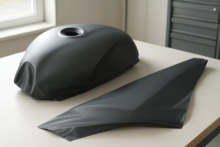 Réservoir et carénage de moto partiellement recouverts d’un film vinyle mat gris anthracite