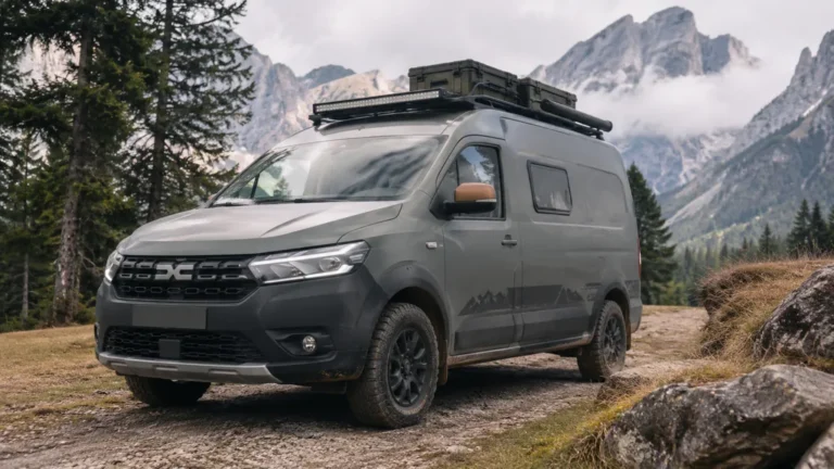 Van tout-terrain de style Dacia stationné en montagne dans un décor alpin, évoquant le concept Sandman 4x4