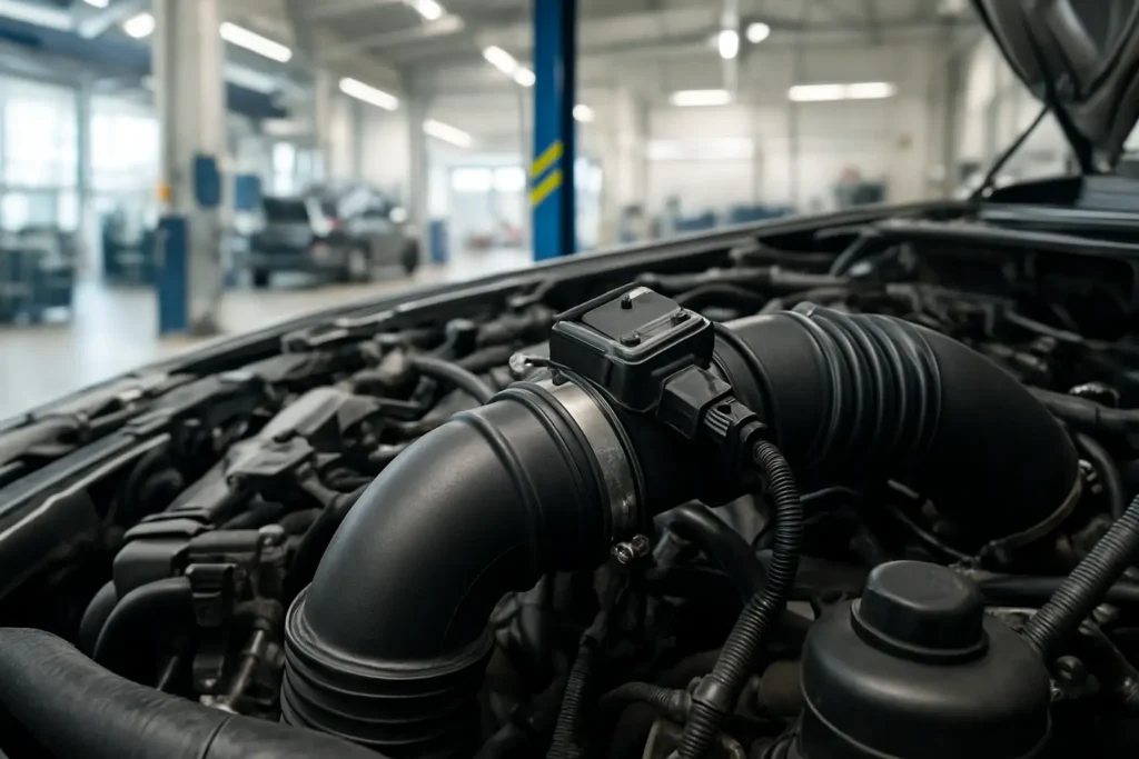 Débitmètre d’air automobile visible dans le compartiment moteur d’une voiture