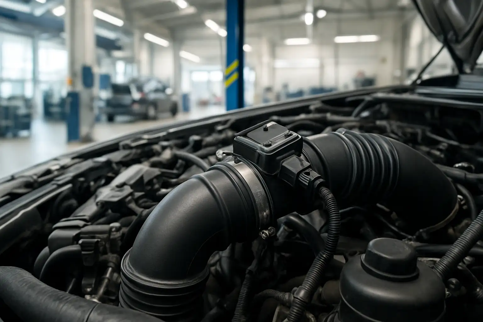 Débitmètre d’air automobile visible dans le compartiment moteur d’une voiture