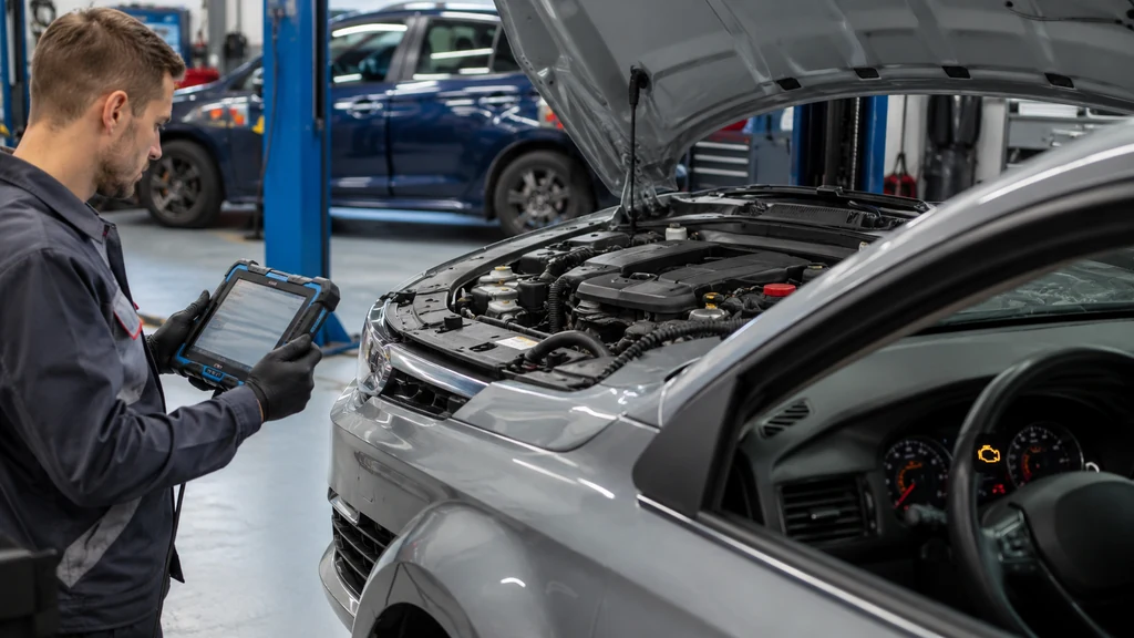 Mécanicien réalisant un diagnostic OBD sur une voiture avec voyant défaut moteur allumé