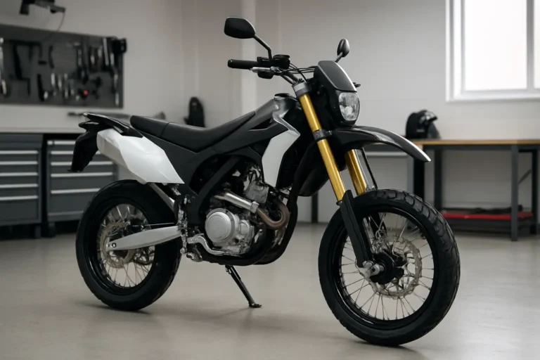 Petite moto Derbi de style enduro-smotard dans un atelier moto