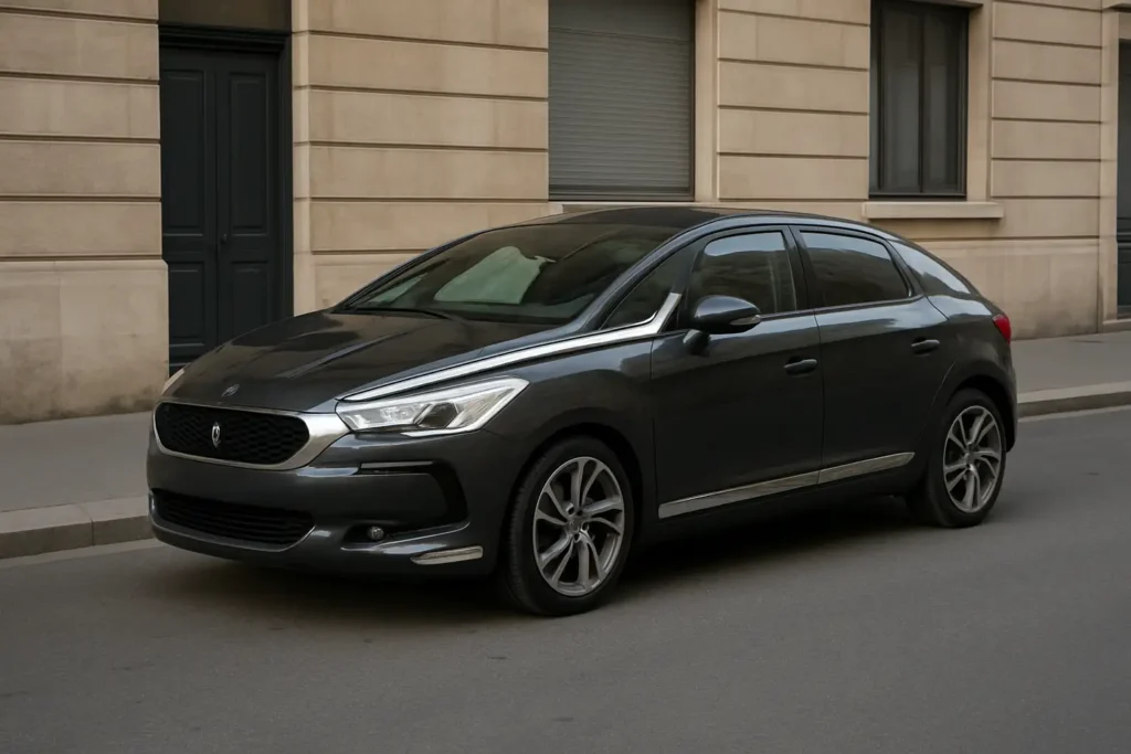 DS 5 garée dans une rue urbaine, vue trois-quarts avant