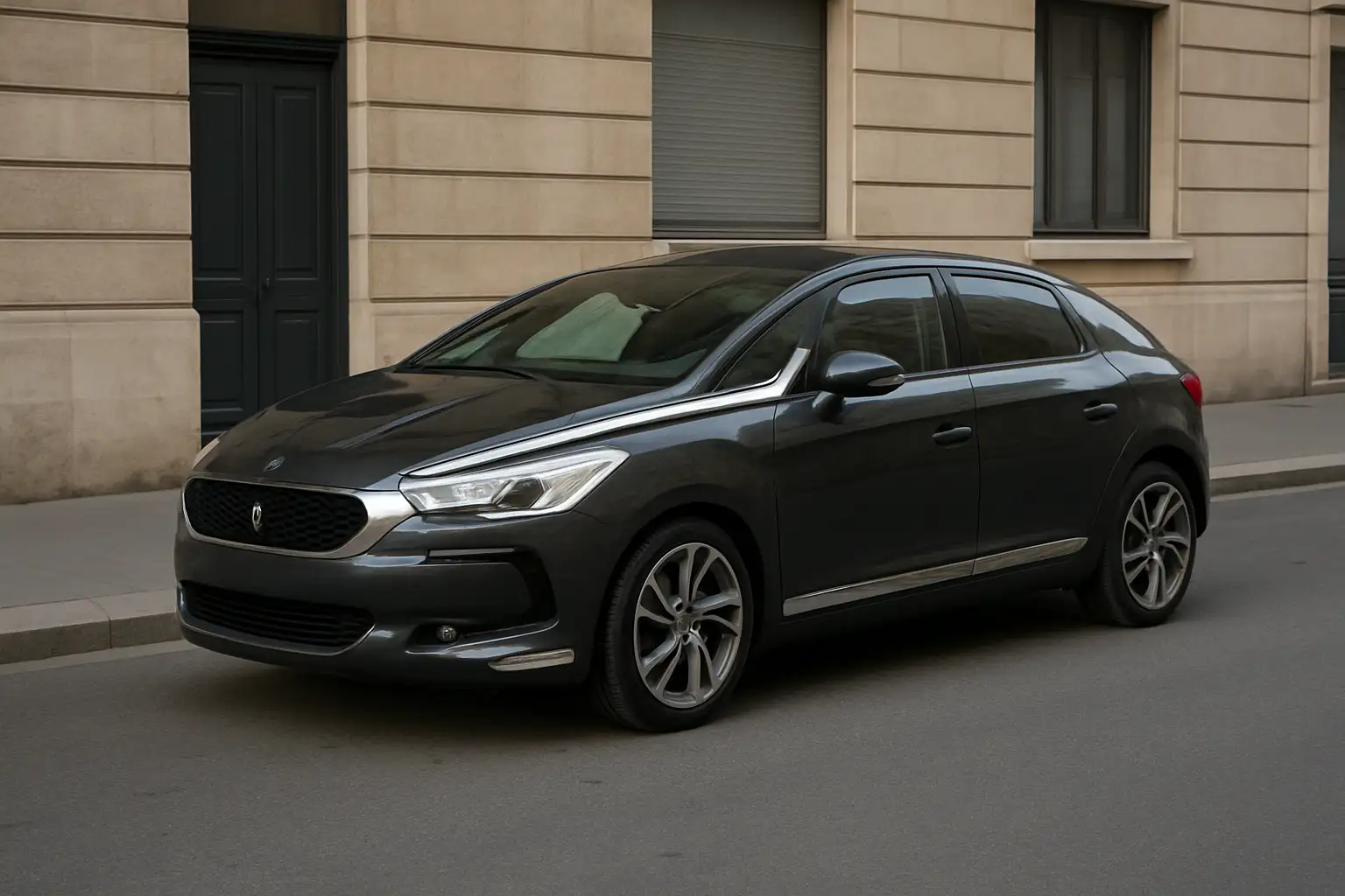 DS 5 garée dans une rue urbaine, vue trois-quarts avant