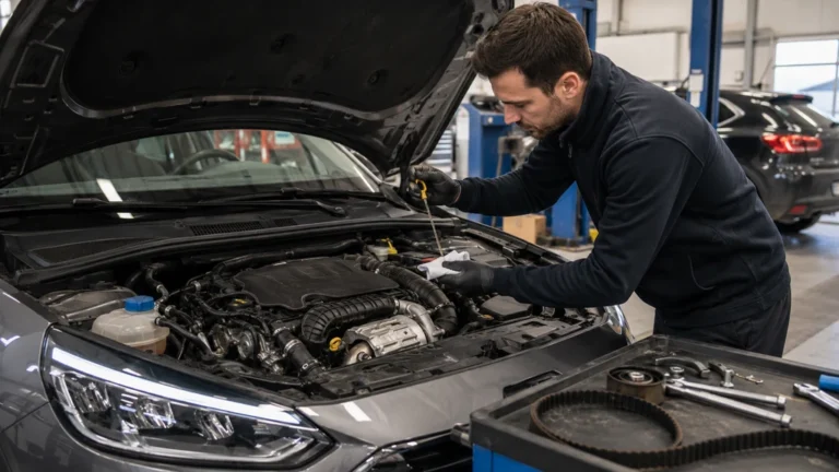 Mécanicien inspectant le moteur 1.2 PureTech 130 dans un garage pour contrôler sa fiabilité