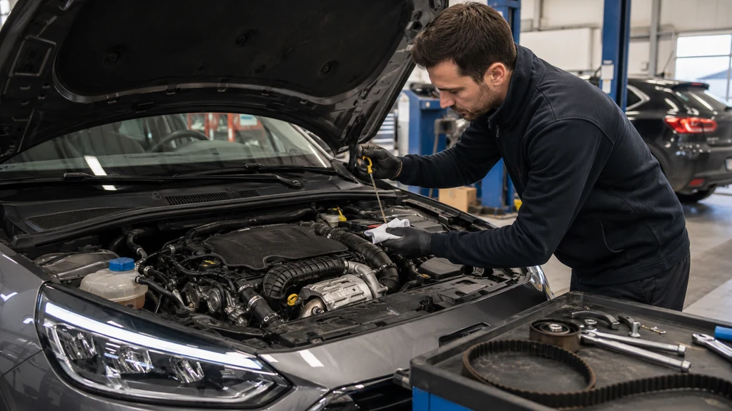 Mécanicien inspectant le moteur 1.2 PureTech 130 dans un garage pour contrôler sa fiabilité