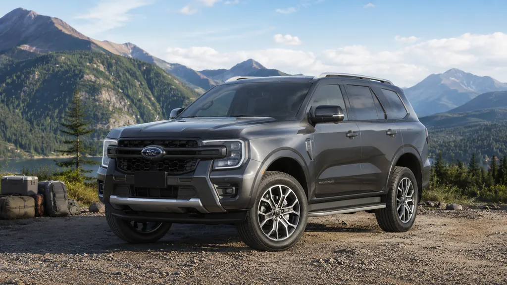 Ford Everest gris en montagne sur une piste gravillonnée, grand SUV familial 7 places robuste et prêt pour l’aventure