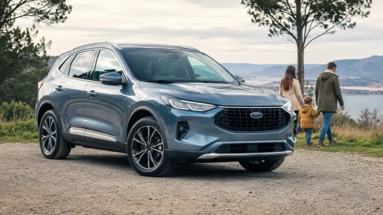 Ford Kuga familial stationné dans un paysage naturel avec une famille en promenade