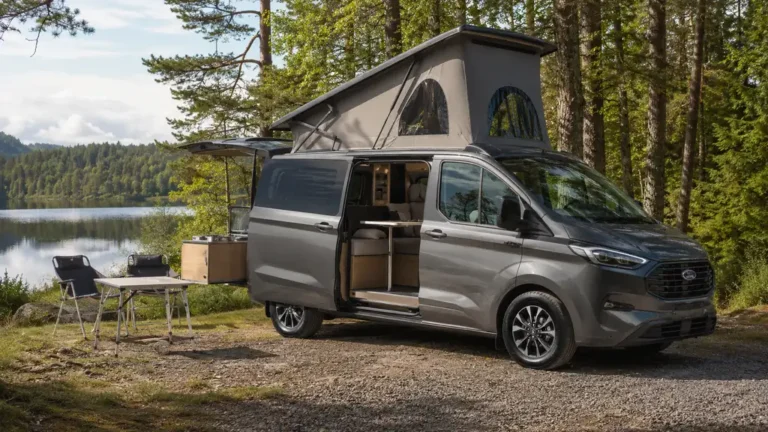 Ford Nugget avec toit relevable installé au bord d’un lac pour un voyage en van aménagé