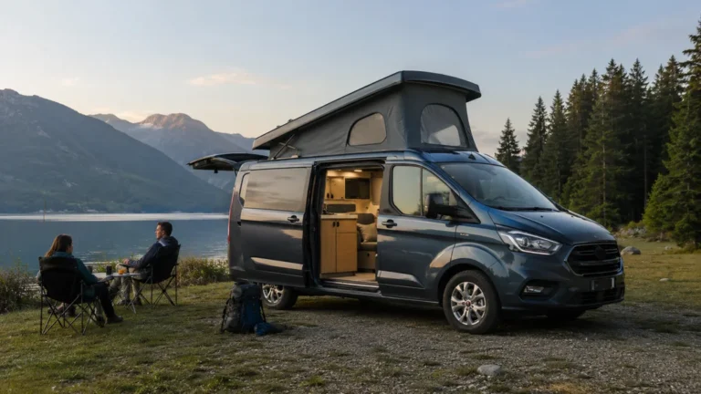 Ford Nugget Plus avec toit relevable aménagé en van camper au bord d’un lac en montagne