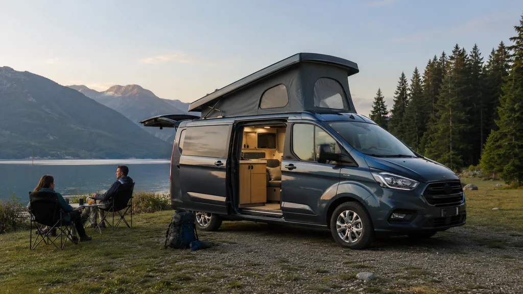 Ford Nugget Plus avec toit relevable aménagé en van camper au bord d’un lac en montagne