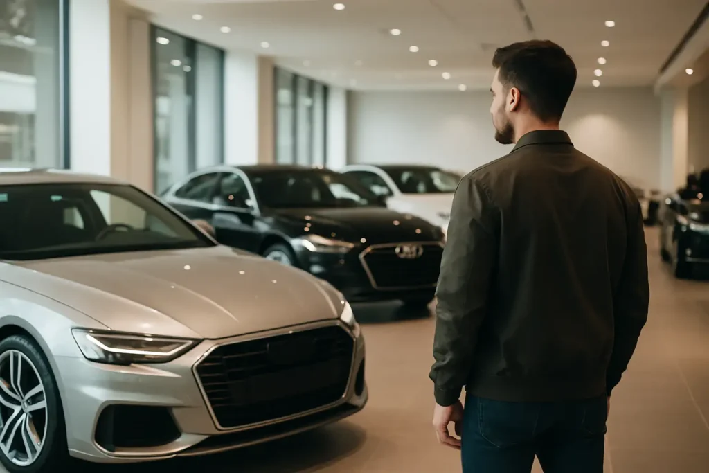 Influenceur automobile observant des voitures de luxe dans un showroom haut de gamme