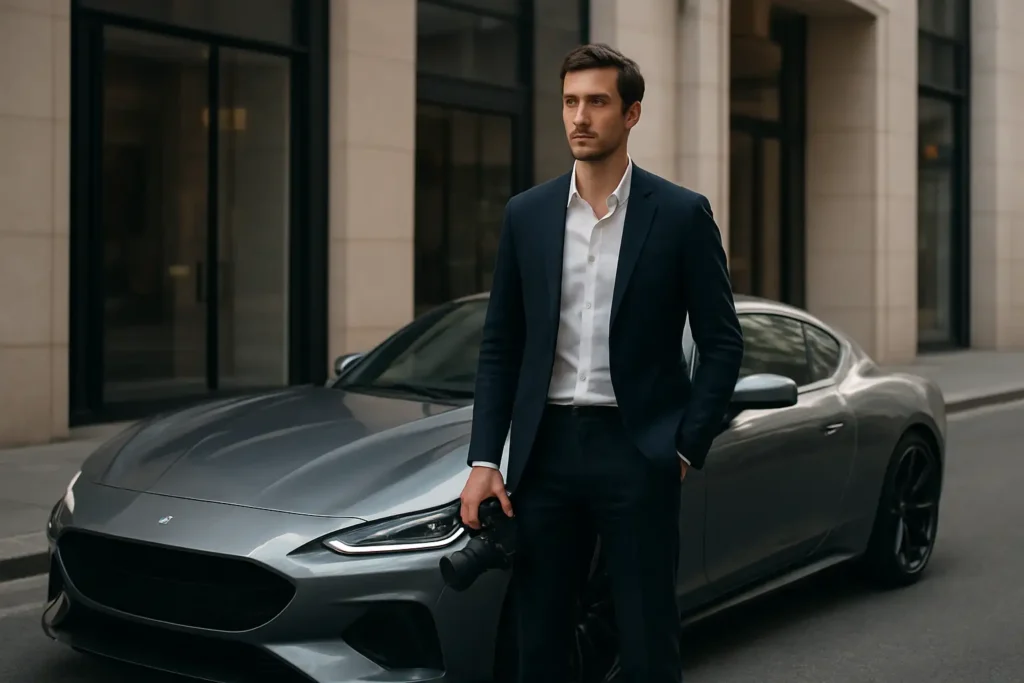 GMK debout près d’une voiture de sport, illustrant sa grande stature dans l’univers automobile