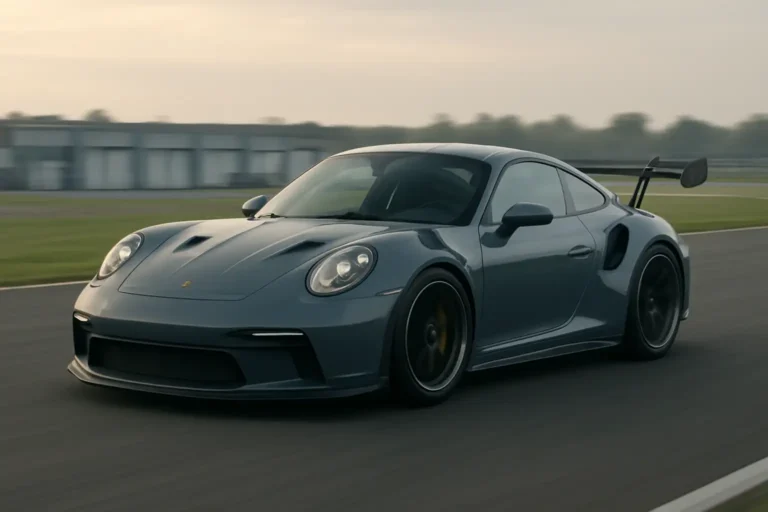 Porsche 911 GT3 RS vue de trois quarts avant sur une piste fermée avec son aileron arrière massif