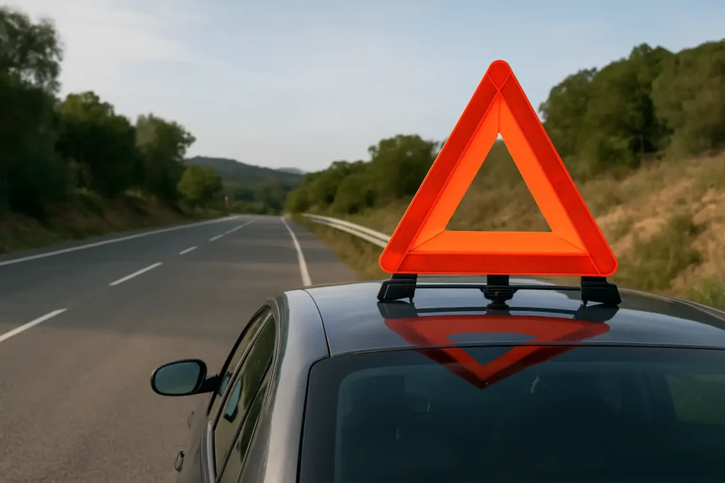 Balise V16 homologuée posée sur le toit d’une voiture arrêtée sur le bord de la route