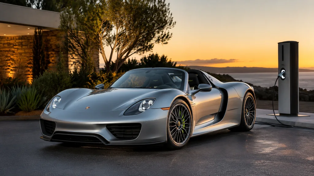 Porsche 918 Spyder hybride rechargeable branchée à une borne de recharge au coucher du soleil