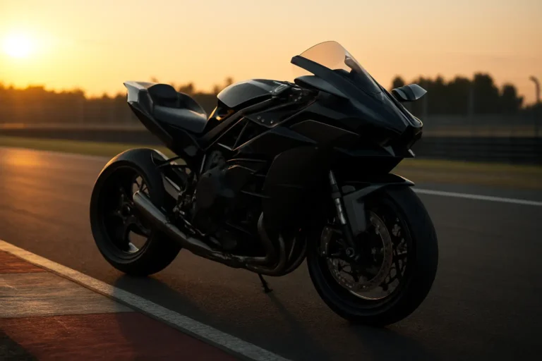 Kawasaki Ninja H2R sur circuit fermé, moto hypersport noire au design agressif