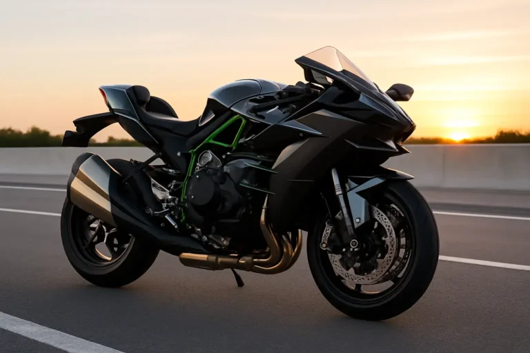 Une Kawasaki Ninja H2 stationnée sur une route moderne au style sportif