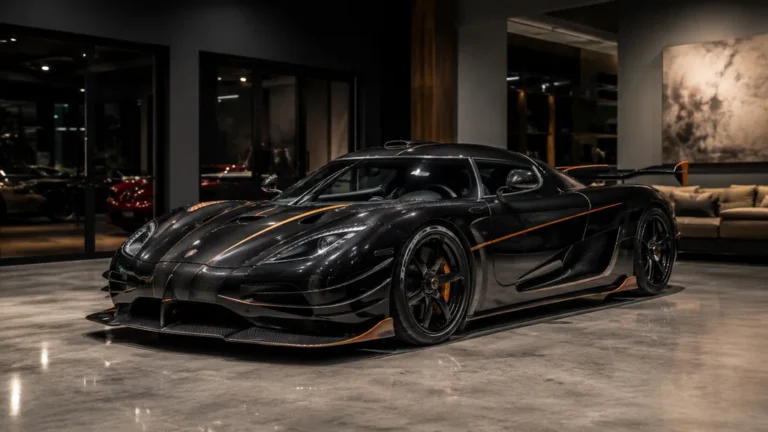Koenigsegg Agera RS noire exposée dans un showroom automobile de luxe illustrant son prix et sa valeur de collection.