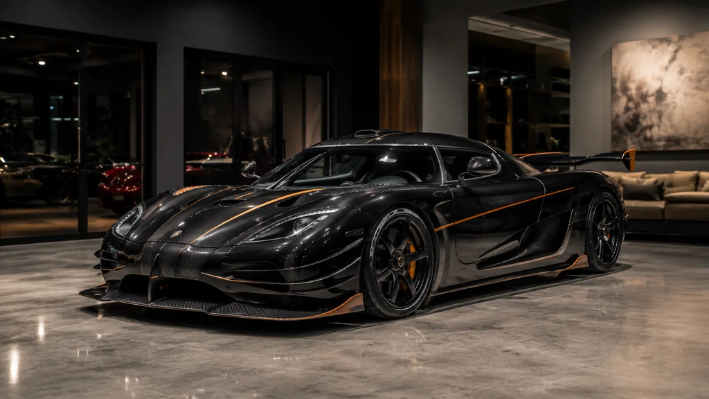 Koenigsegg Agera RS noire exposée dans un showroom automobile de luxe illustrant son prix et sa valeur de collection.