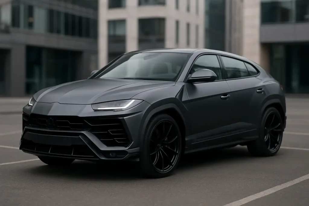 Lamborghini Urus gris anthracite garé de trois-quart avant dans un décor urbain moderne
