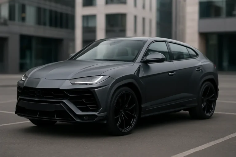 Lamborghini Urus gris anthracite garé de trois-quart avant dans un décor urbain moderne