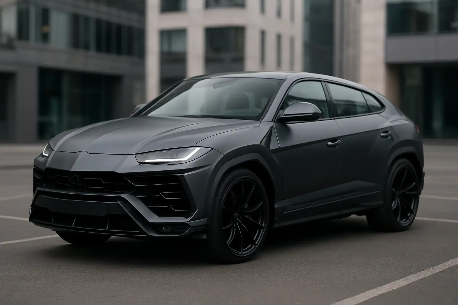 Lamborghini Urus gris anthracite garé de trois-quart avant dans un décor urbain moderne