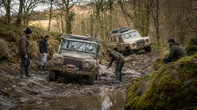 Passionnés de Land Rover en sortie tout-terrain sur un chemin boueux en forêt