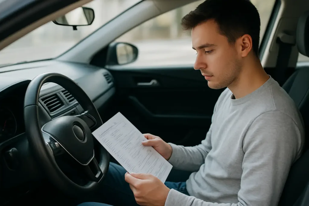 Candidat révisant les 100 questions du permis de conduire dans une voiture