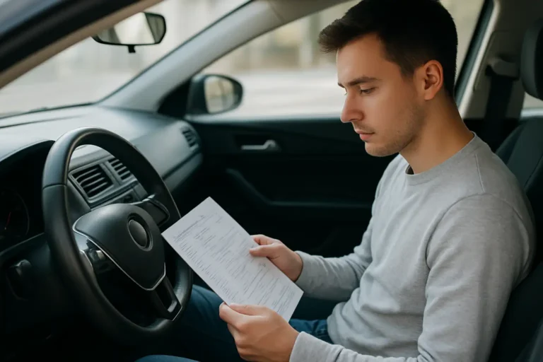 Candidat révisant les 100 questions du permis de conduire dans une voiture