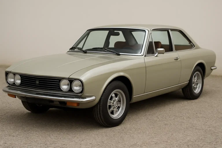 Voiture ancienne présentée en trois-quarts avant sur fond neutre, comme pour une annonce de collection
