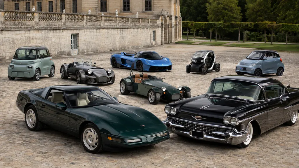 Rassemblement de voitures anciennes, sportives et électriques illustrant les marques de voiture en E