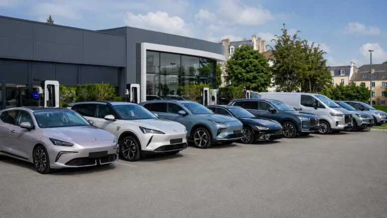 Alignement de voitures électriques chinoises devant une concession moderne en France