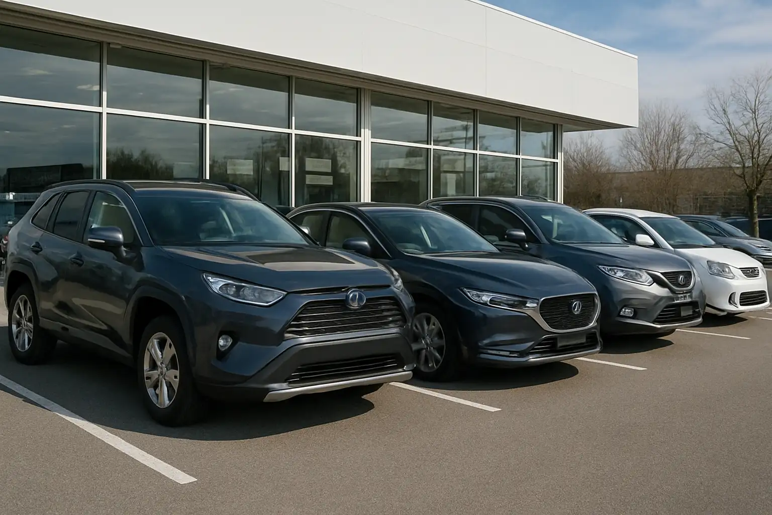 Parking devant un concessionnaire en France avec plusieurs voitures japonaises récentes alignées