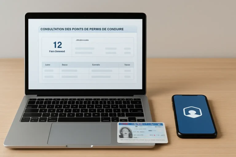 Ordinateur portable affichant le service Mes points permis avec une carte d’identité et un smartphone FranceConnect sur un bureau